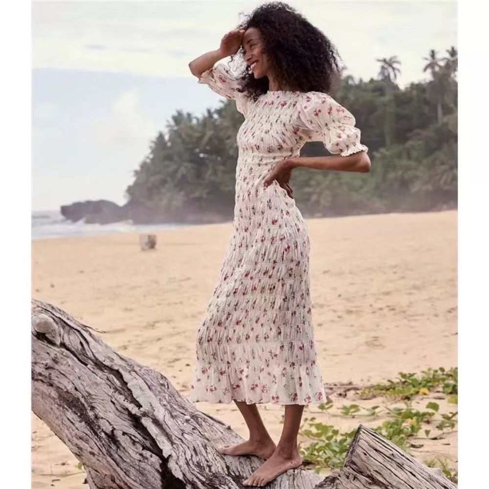 Doen White and red Puff Sleeve Midi Dress